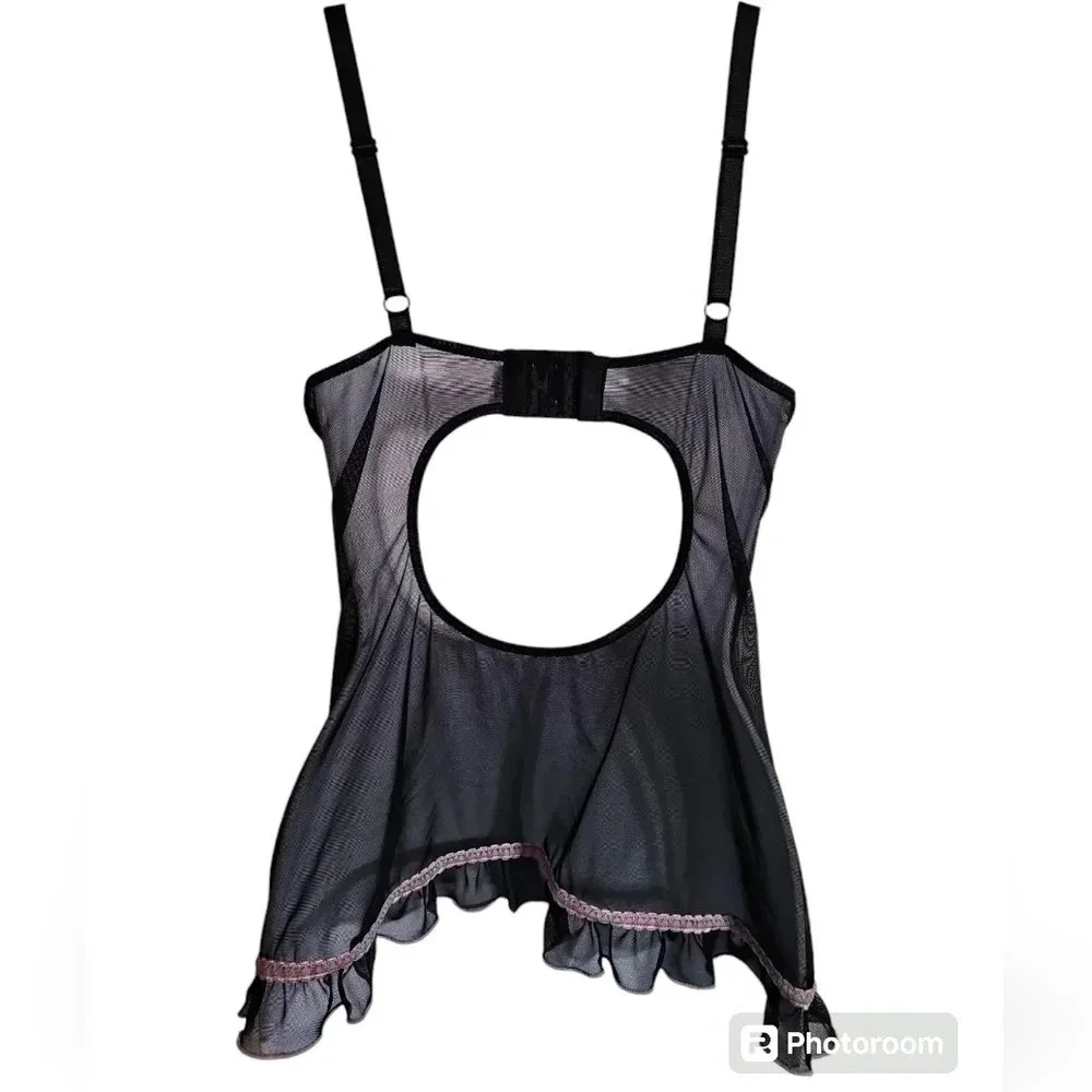 Coquette 34B Black Pink Mesh Babydoll Bustier Sheer Lingerie Goth Romantic - Picture 4 of 6